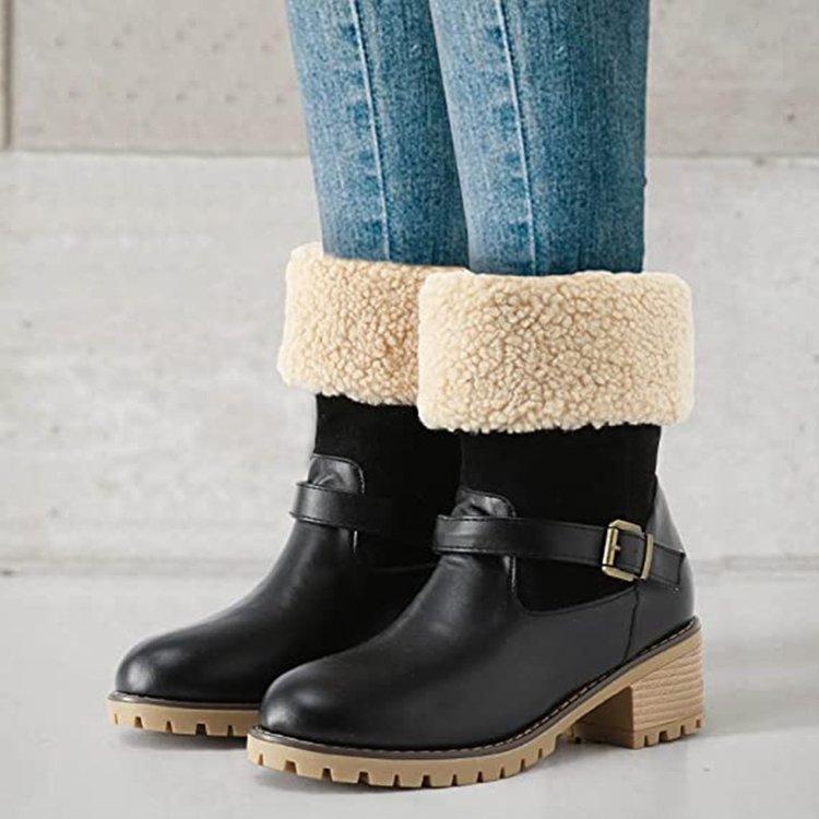 Fashion Round-Toe Boots With Buckle Chunky Heel