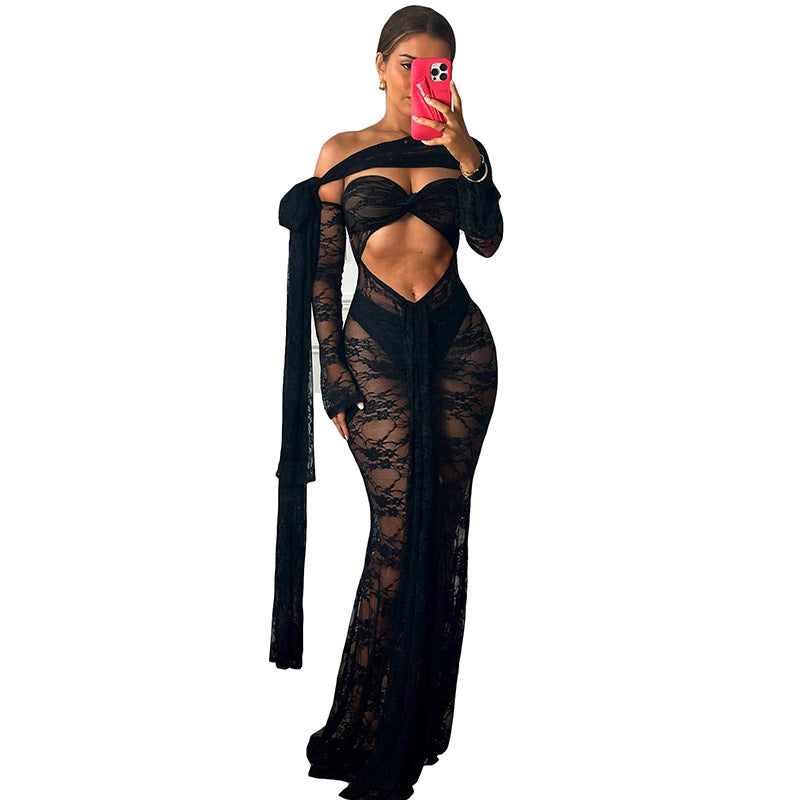 Chest-Wrap Long-Sleeved Lace Dress