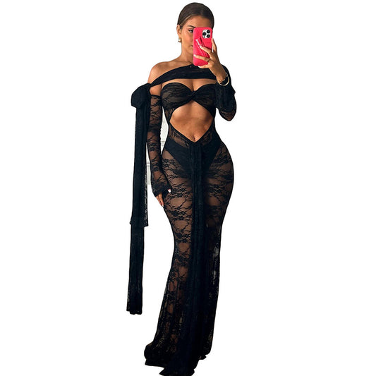 Chest-Wrap Long-Sleeved Lace Dress