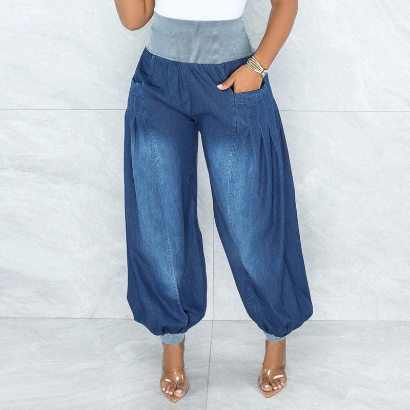 Thin Loose Wide-Leg  Harem Pants - Elastic-Waist Denim Trousers For Women