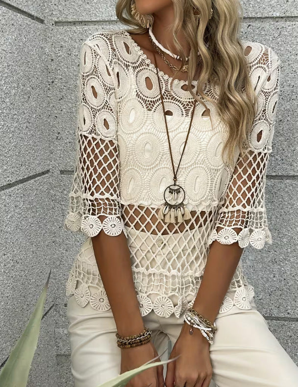 Resort-Style Sun-Protective Crochet Hollow-Out Crew-Neck Half-Sleeve Top