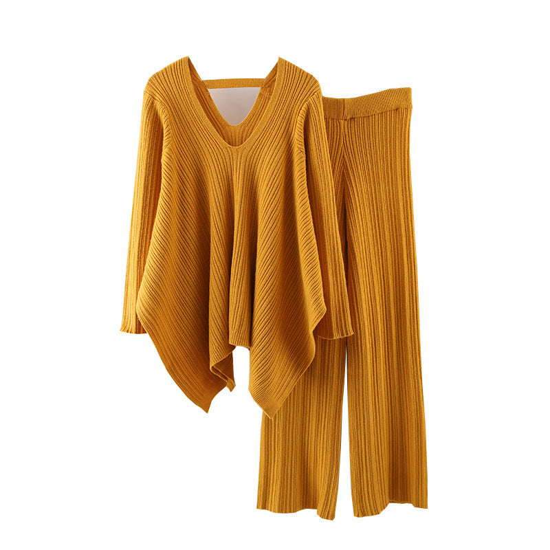 Pleated Knitted Irregular V-Neck Top-Wide-Leg Pants Sweater Suit