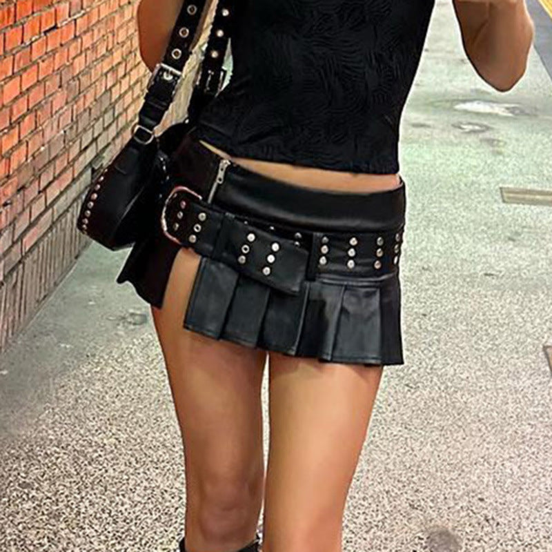 Dark Style Street Hipster Rivet Wide-Belt Split-Leather Hot Girl Low-Waist Skirt