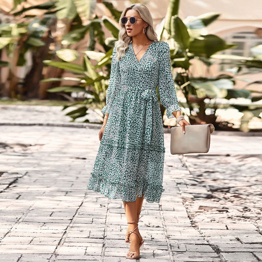 Elegant V-Neck 3/4 Sleeve Tie-Shoulder Floral Midi Dress
