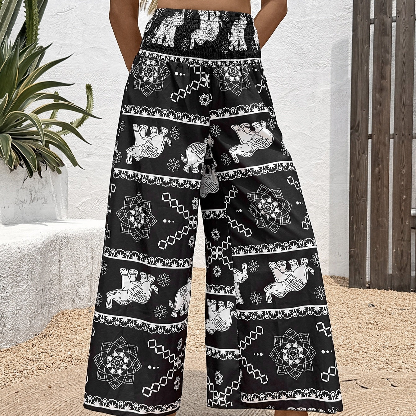 Elephant Print Pleated Wide-Leg Pants - US Only