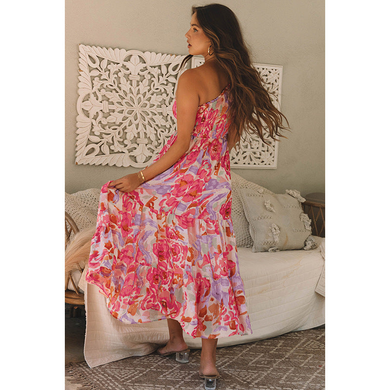 Color Matching One Shoulder High Waist A- Line Dress