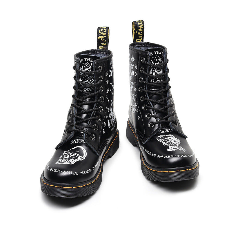 Hard-Leather Skull Graffiti Leather Boots