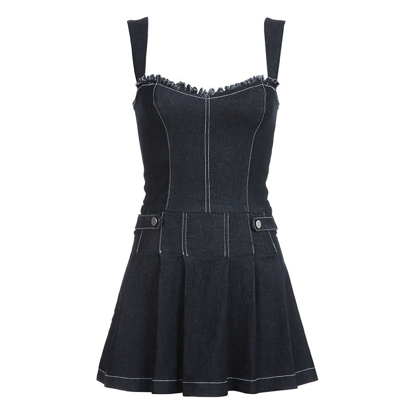 Denim Strap Pleated Mini Dress