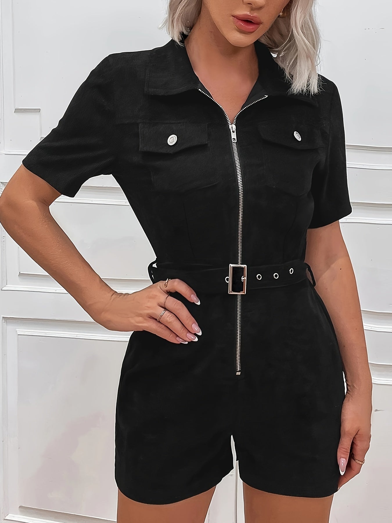 Zip-Up Short-Sleeve Button Jumpsuit