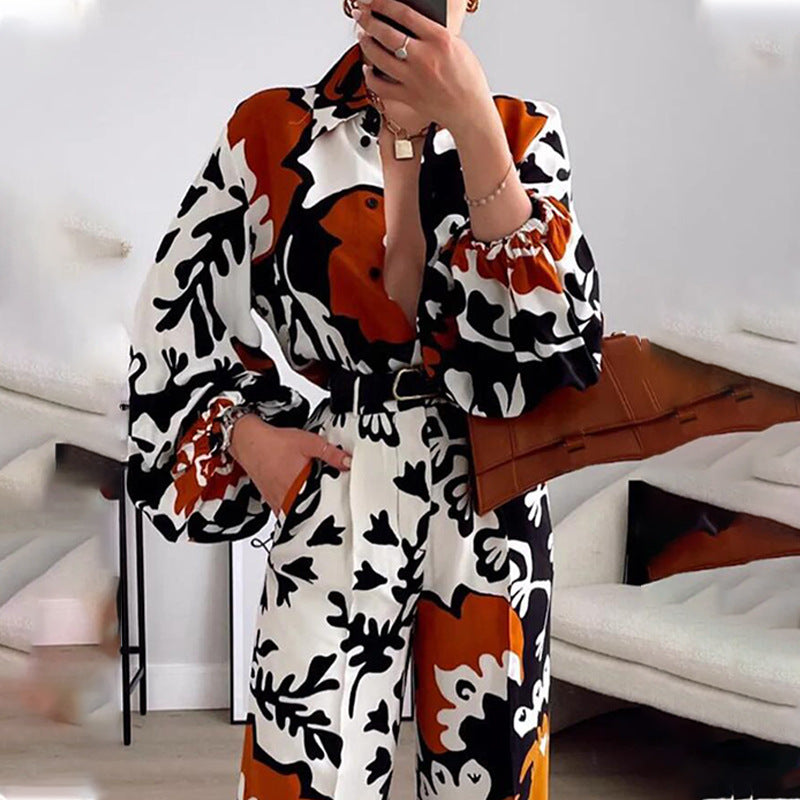 Two-Piece Colour-Contrast Printed Casual Jumpsuit