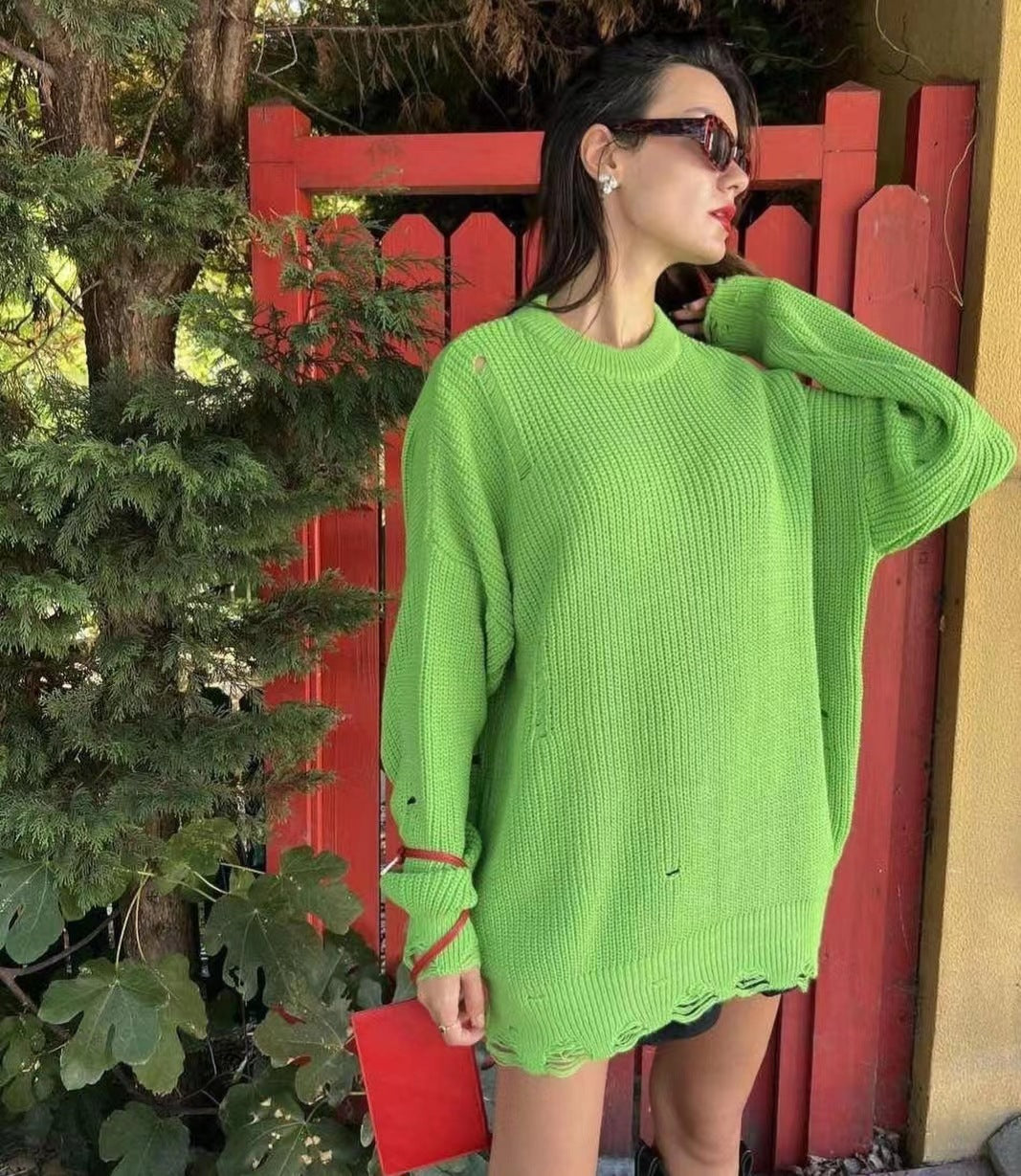 Round-Neck Long-Sleeve Burrs Loose Knitted Pullover Sweater Dress