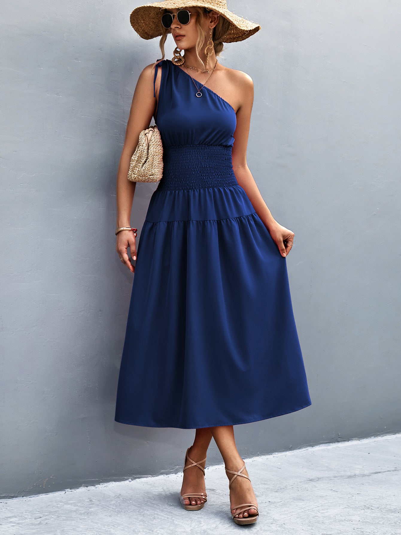 Slant-Shoulder Smocking Dress - European & American Style