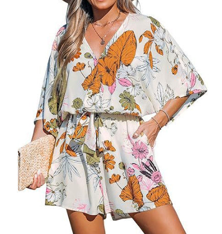 V-Neck Printed Lace-Up Bat Jumpsuit
