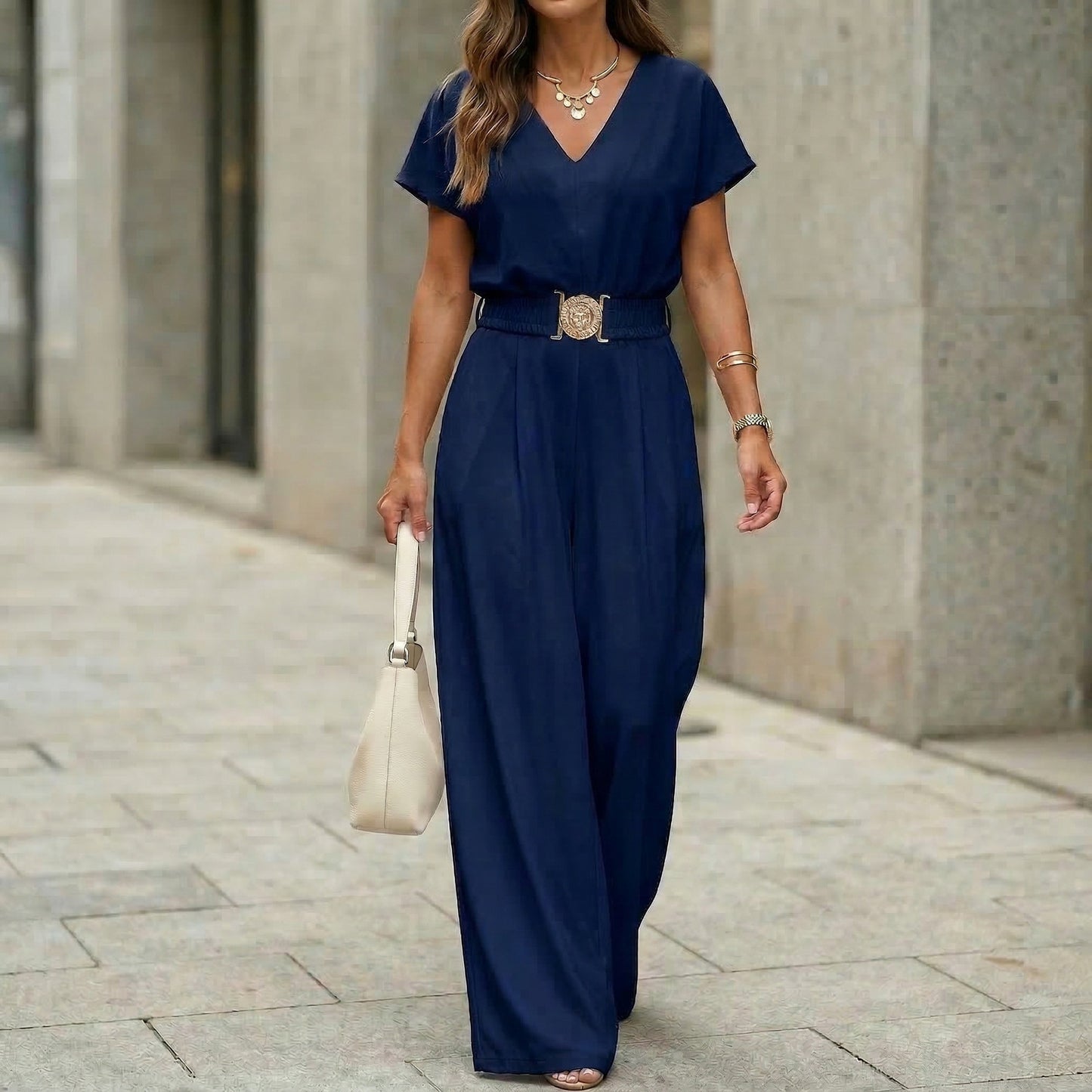 Womens V-neck Solid-color Short-sleeve Long-pants Belted Jumpsuit