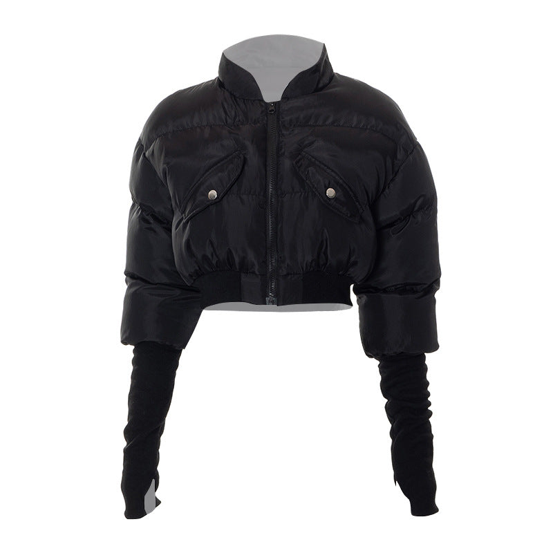 Winter Solid Color Stand Collar Pocket Zipper Sleeve Women's Wadded Jacket Top For Women