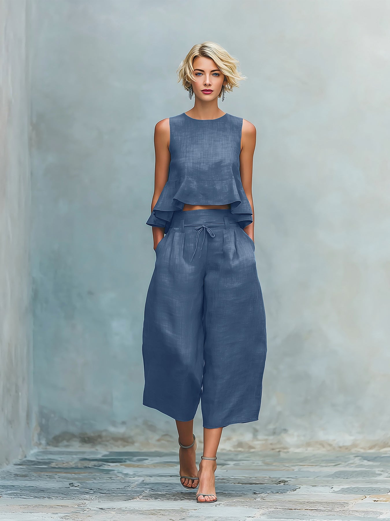 Womens Linen-blend Two-piece Set With Ruffled Detailing