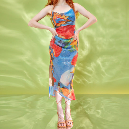 Printed Beads Split Slim-Fit Dress