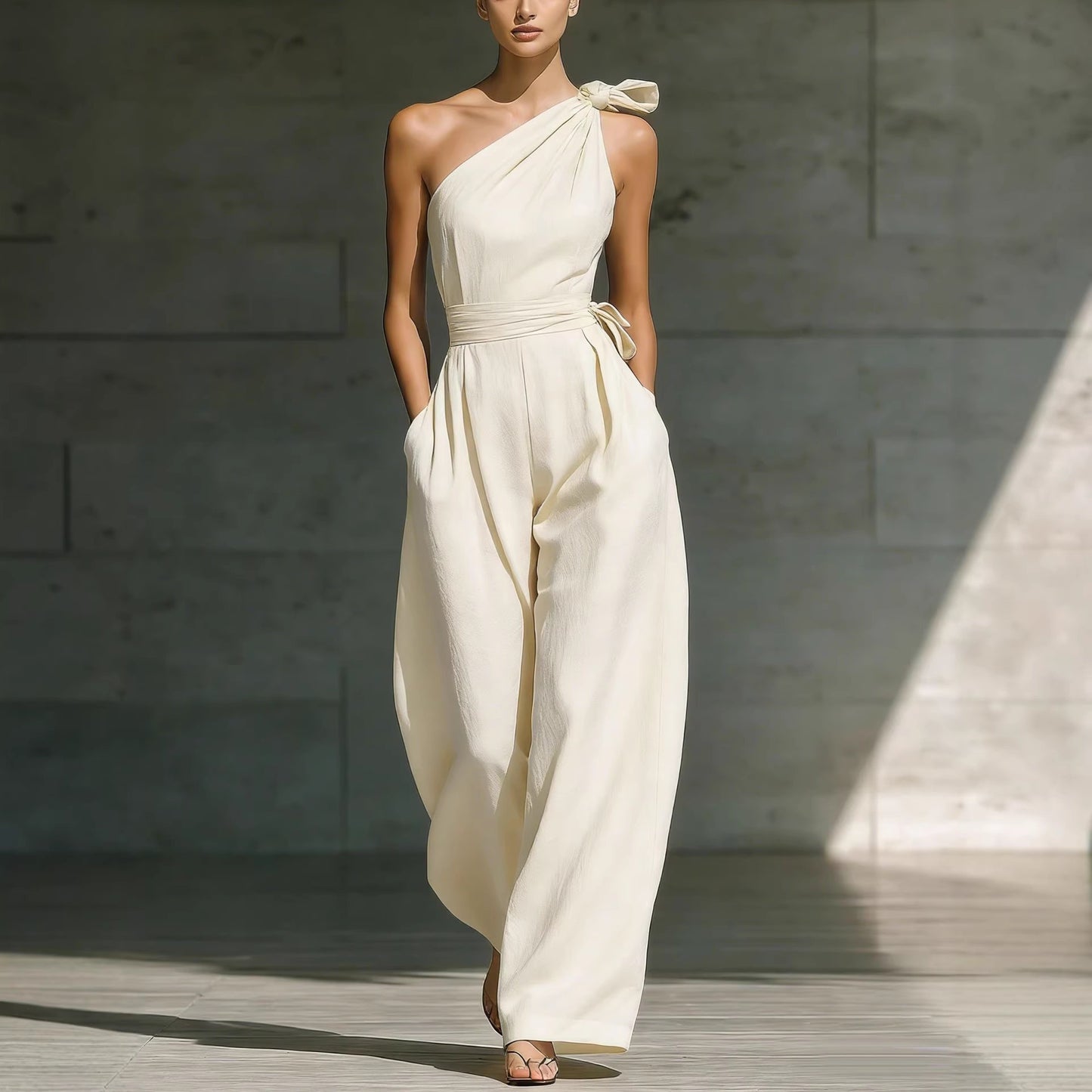 Loose-fitting Sleeveless Off-shoulder Belted Jumpsuit