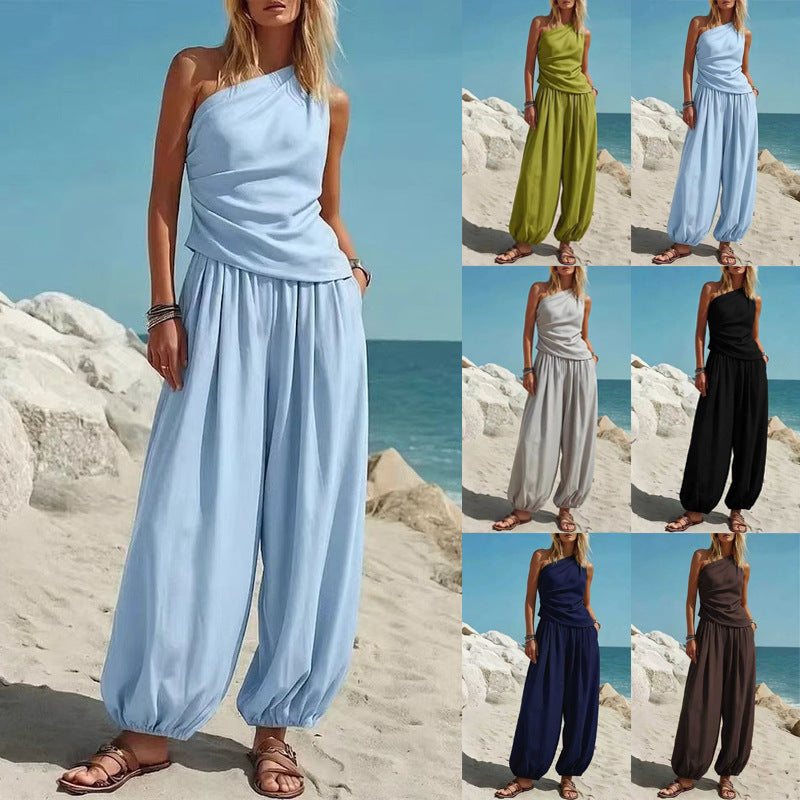Casual Minimalist Solid-Color Sleeveless Tank Top And Loose High-Waist Pants Set For Women