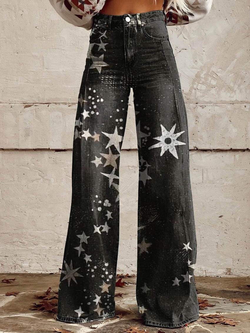 Women's 3D Printed Denim Wide-Leg Pants