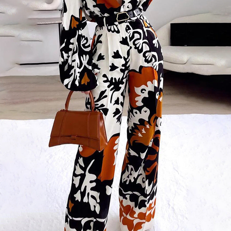 Two-Piece Colour-Contrast Printed Casual Jumpsuit