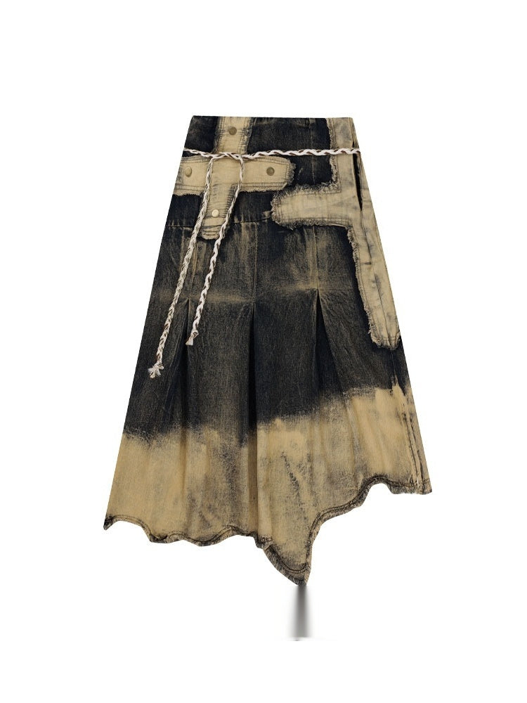 Distressed Raw-Edge Denim Skirt