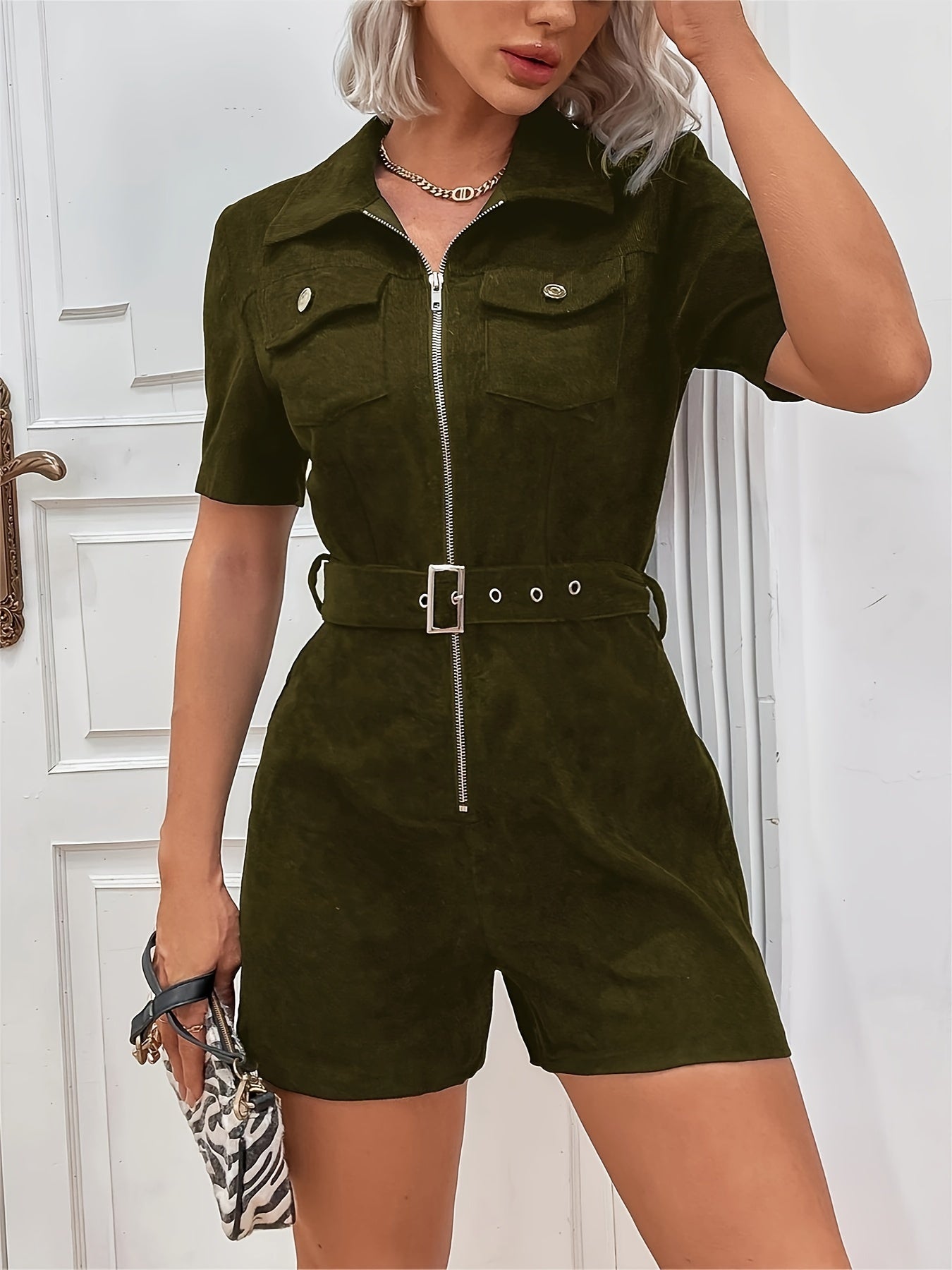 Zip-Up Short-Sleeve Button Jumpsuit