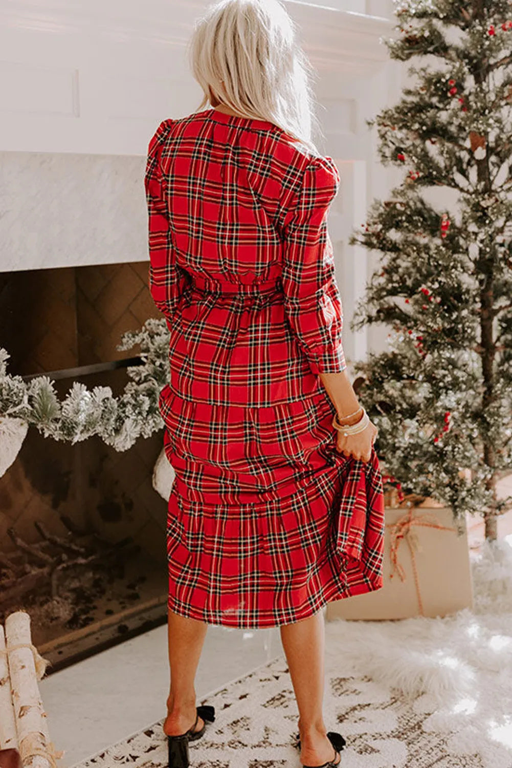 Red Plaid V-Neck Dress