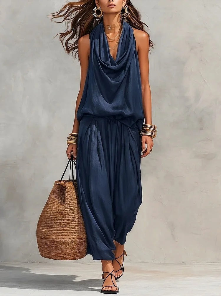 Draped-Neck Vest & Casual Pants Outfit