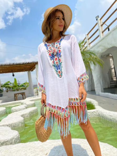 Hand-Crochet Flower Stitching Fringed Beach Blouse