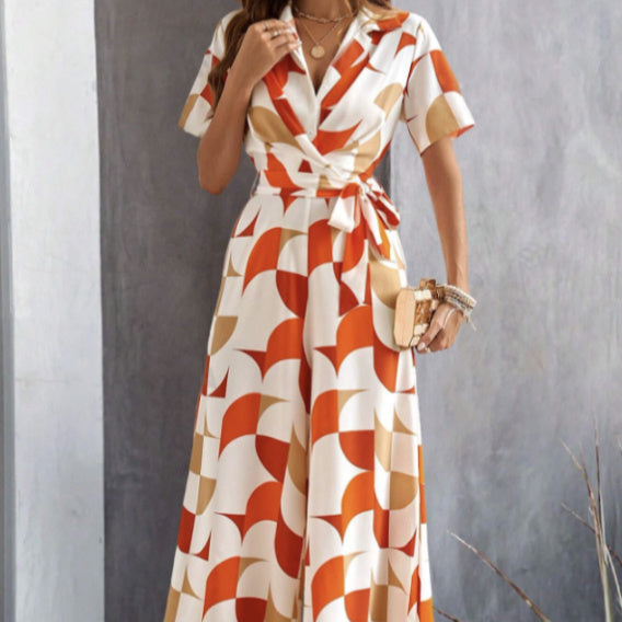 Geometric Printed Lace-Up Shirt Jumpsuit - US Only