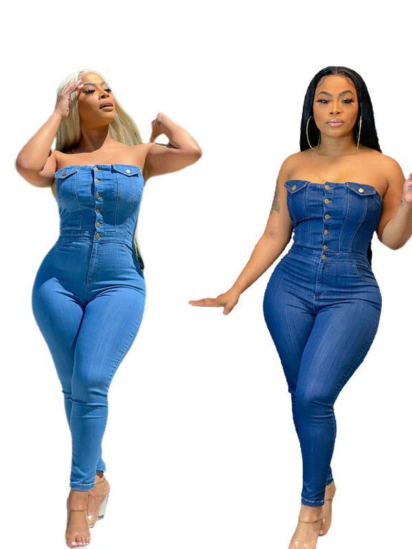 Tube-Top Off-Shoulder Slim-Fit Denim Jumpsuit