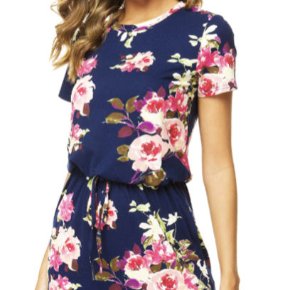Elegant Floral Drawstring Slanted-Pocket Dress - US Only