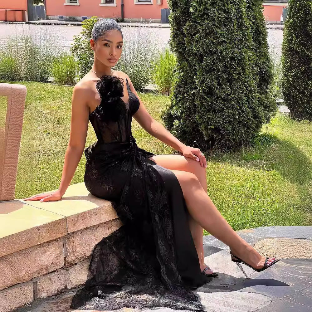 Backless Large-Flower Lace Slimming Dress