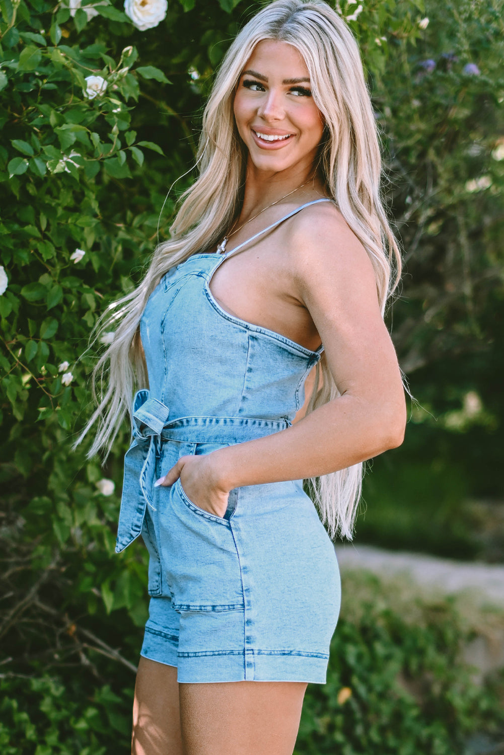 Beau Blue Spaghetti-Straps Belted Denim Romper