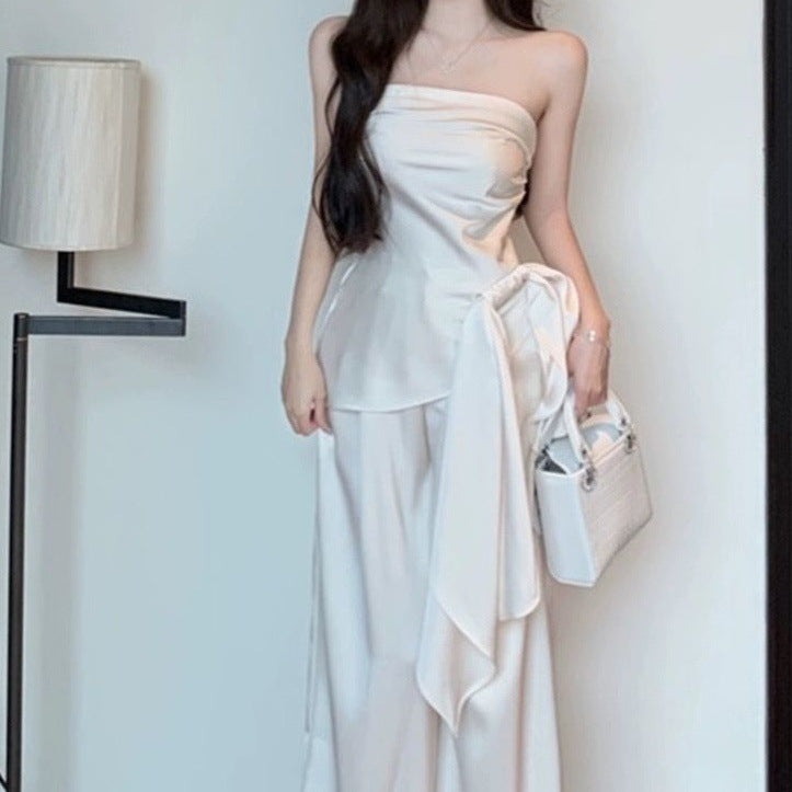 Asymmetrical Strap Cinched Waist Short Sleeveless Tube Top Jumpsuit With Wide-Leg Pants
