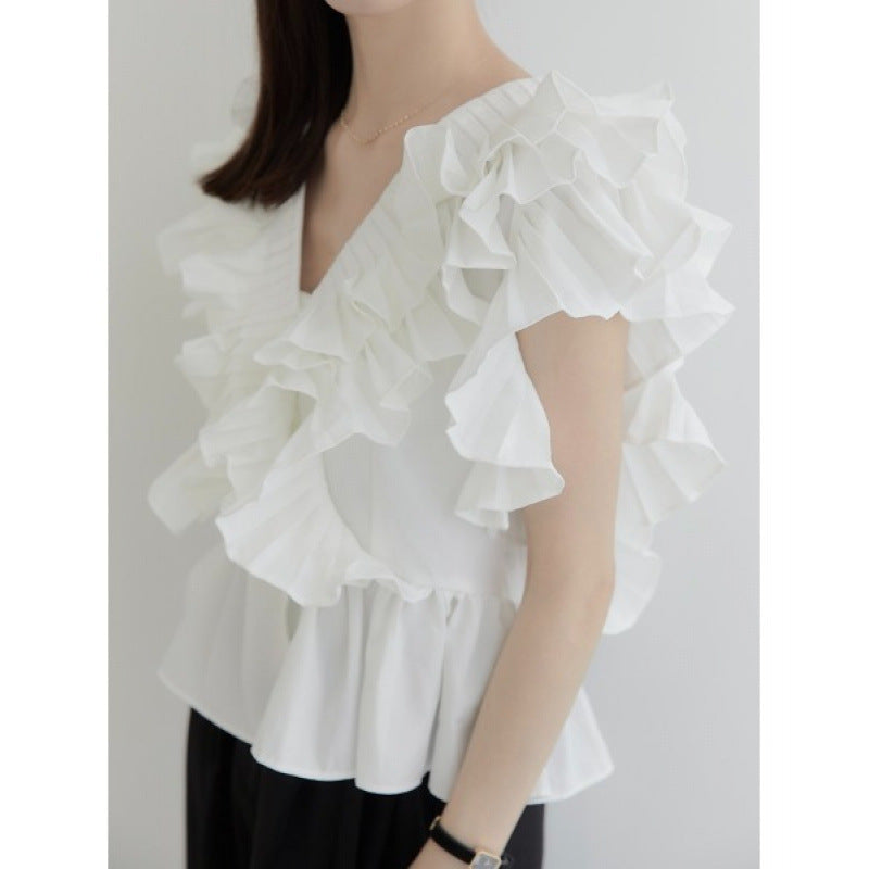 Single-breasted Ruffled Pleated Short Blouse