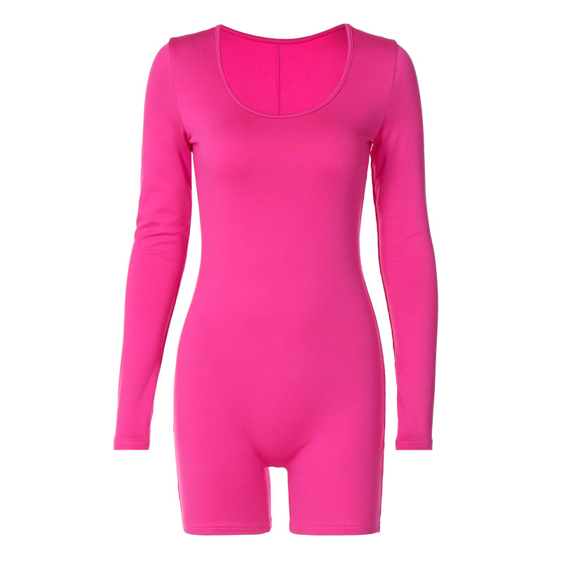 Solid-Colour Slim-Fit Long-Sleeve Sports Jumpsuit