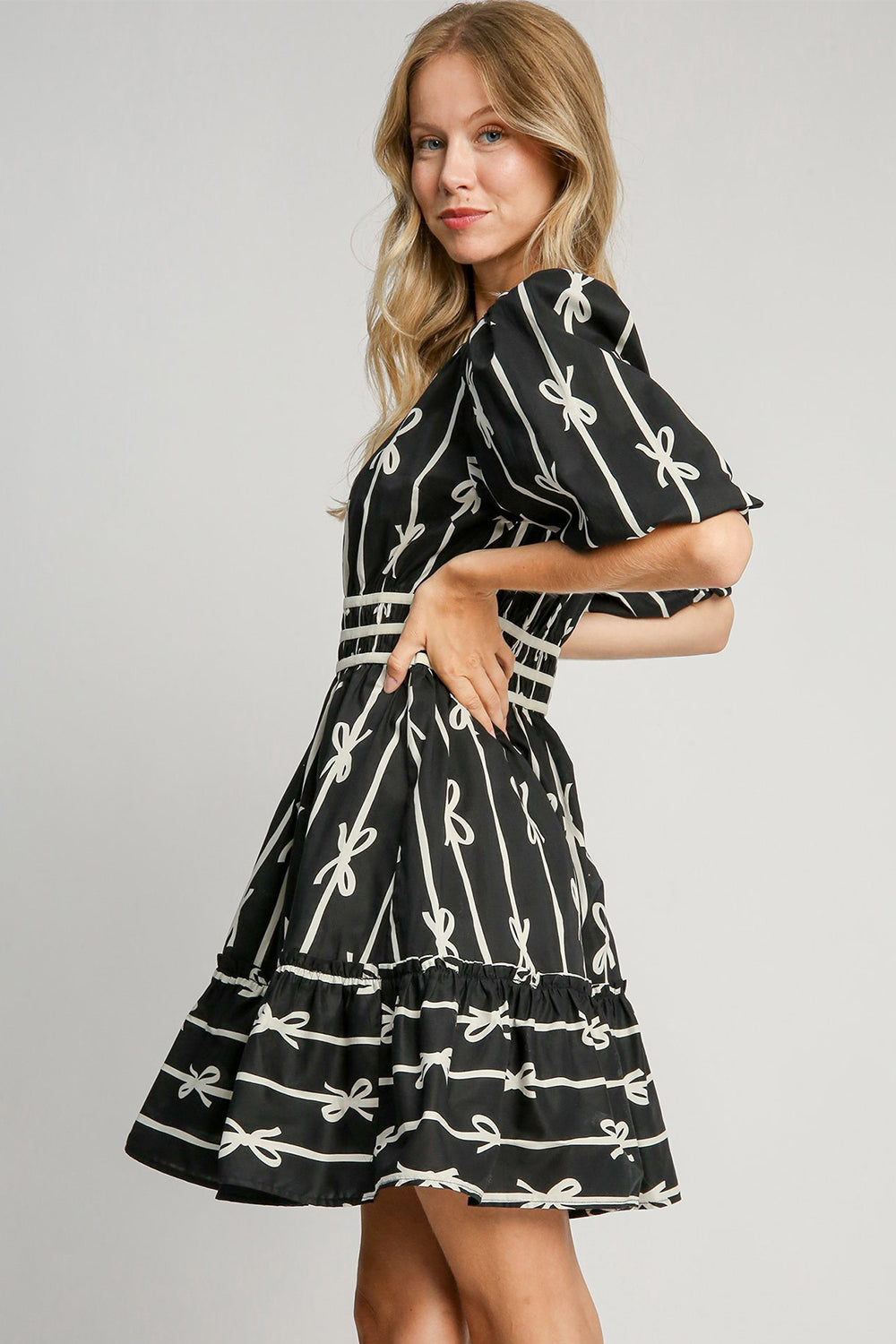 Ribbon Print Frill Contrast Velvet Trim Half-Sleeve Dress - US Only