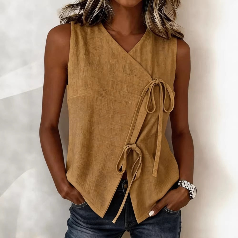 Womens Bow-Tied V-Neck Top Sleeveless Tank Top