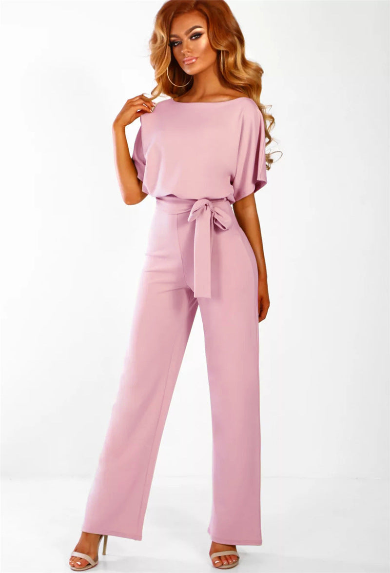 Lace-Up Button Short-Sleeve Jumpsuit