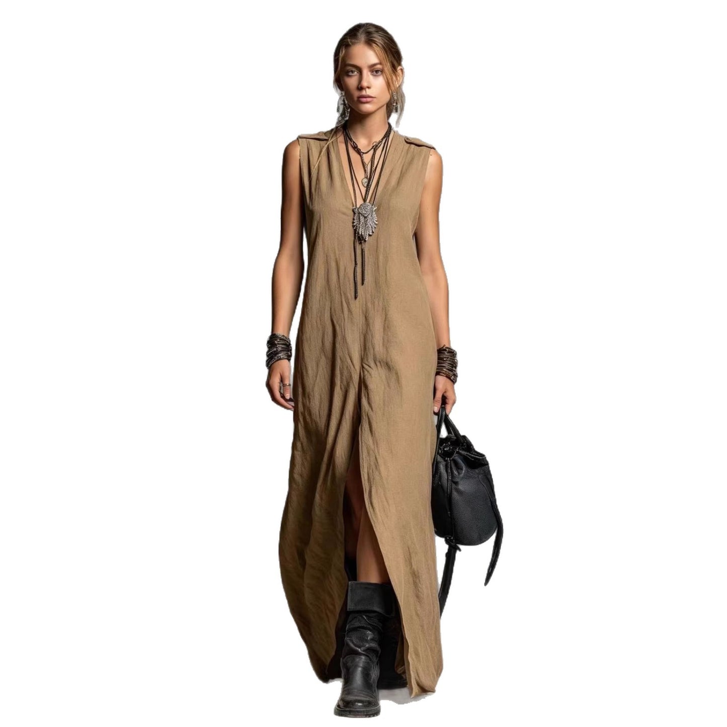 Womens Split Long Sleeveless V-Neck Dress