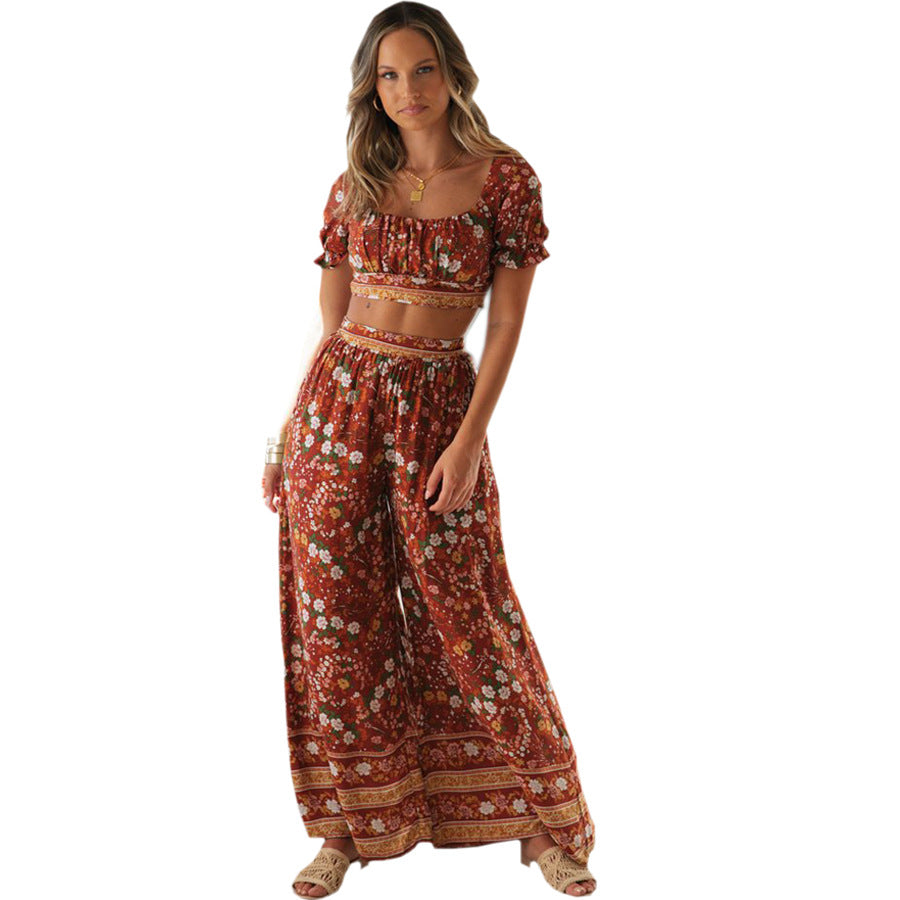 Women's Bohemian Holiday-Style Printed Suit - Short Top,  High-Waist Trousers