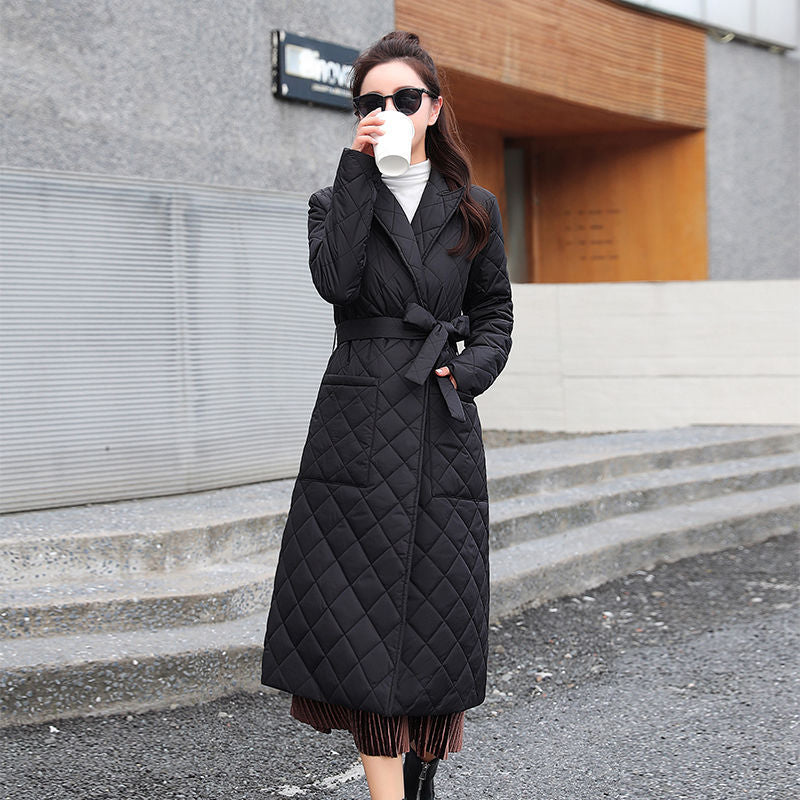 Mid-length Lightweight Cotton-padded Jacket Female Suit Collar Diamond Lattice Coat For Women