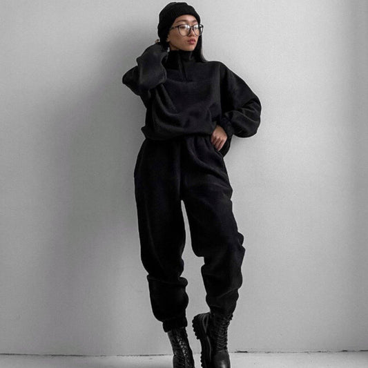 Loose Zipper Stand Up Collar Hoodie Two-piece Set