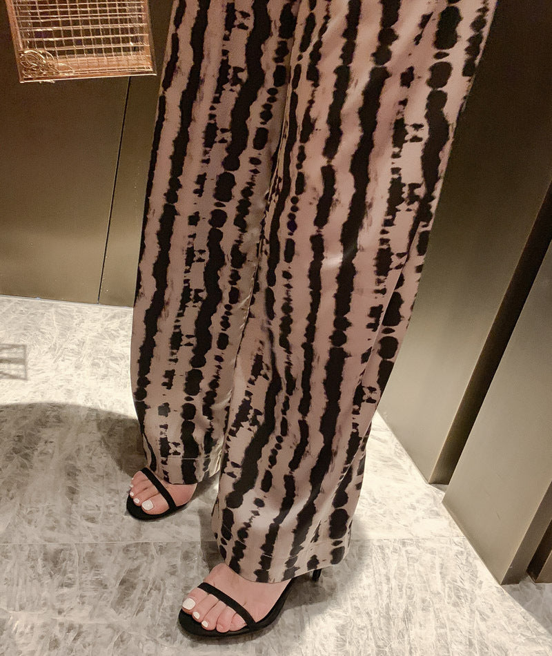 Leopard Print Silk Slippery Straight Wide-Leg Pants Jumpsuit