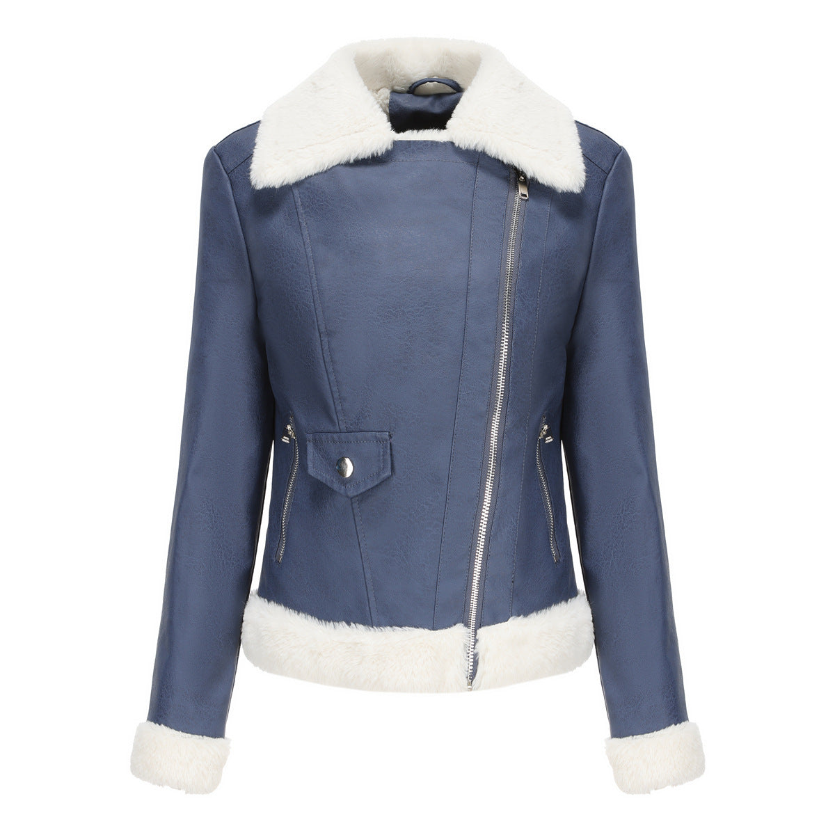 Turn-Down Collar Warm Fleece Leather Jacket