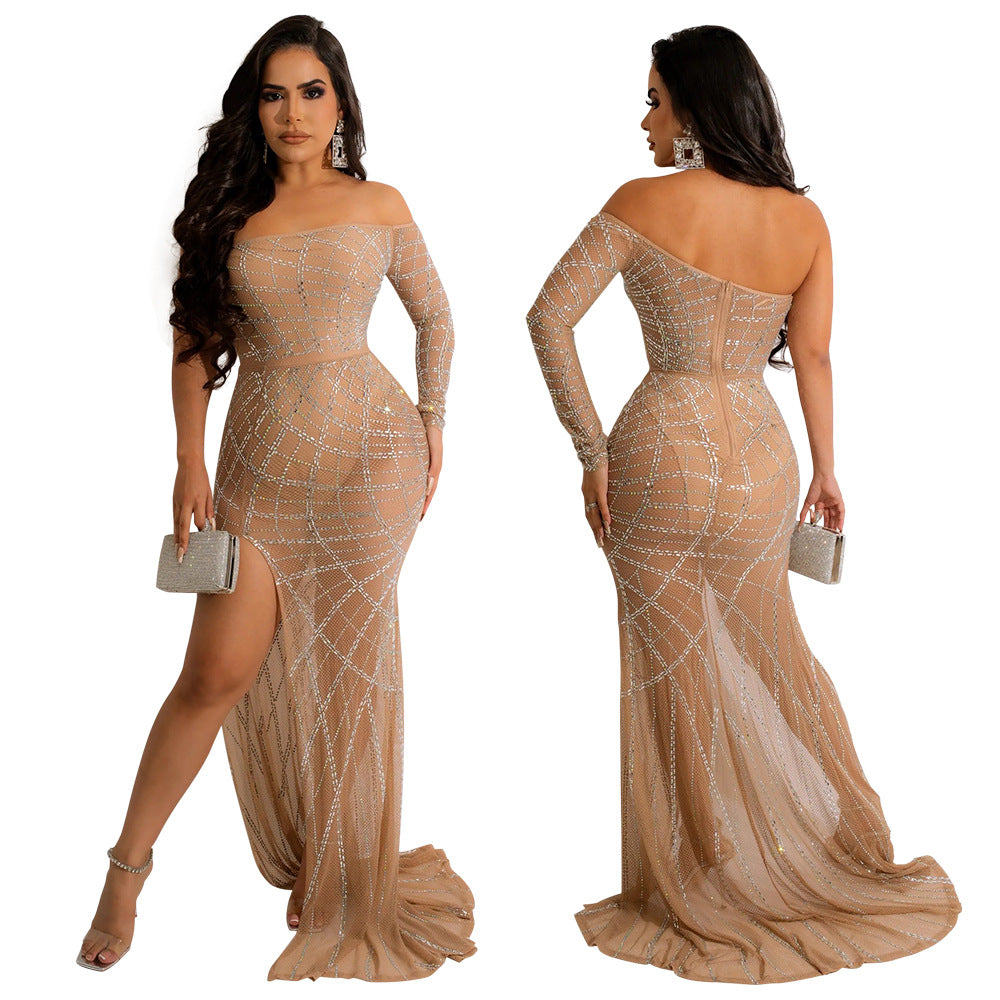 Off-the-Shoulder See-Through Hot-Drilling High-Slit Dress