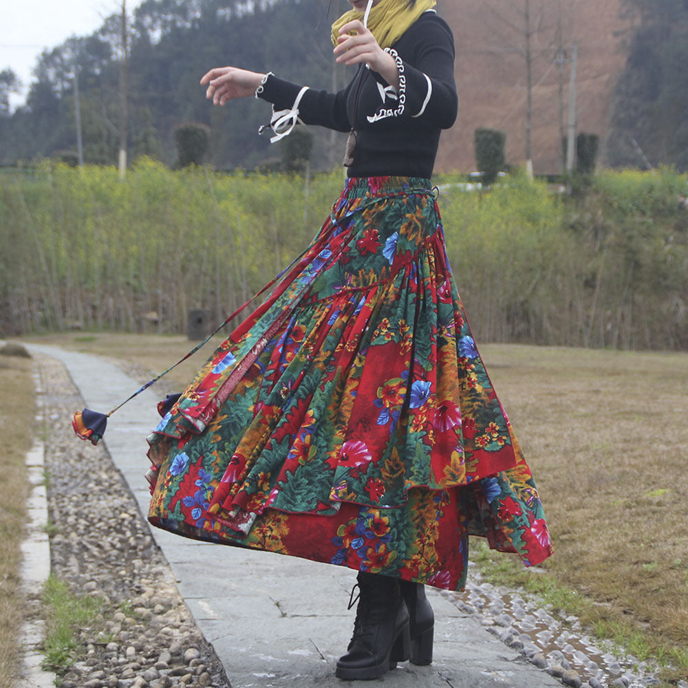 Ethnic-Style Cotton And Linen Printed Skirt