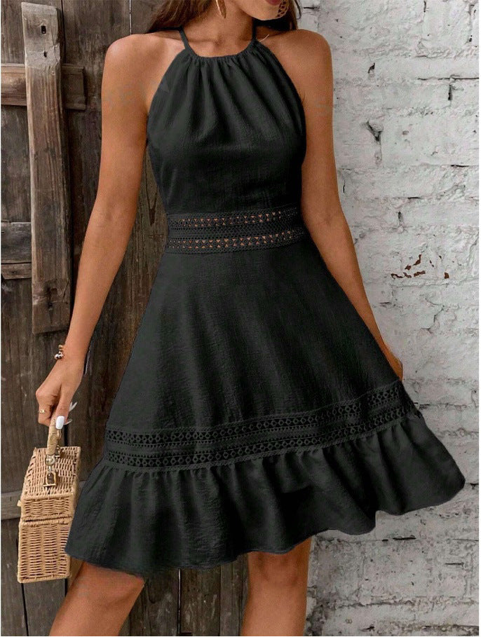 Hollow-Out Lace Stitched Backless Halter Lace-Up Mini Dress